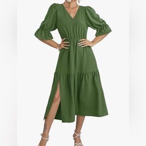 V Neck 3/4 Puff Sleeve Smocked Long Ruffle Midi Dress